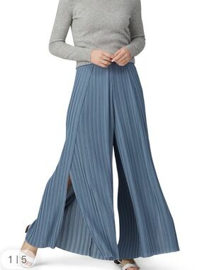 Samsoe Flowy Pleated Wide-Leg Palazzo Pants in Steel Dusty Blue High Slits